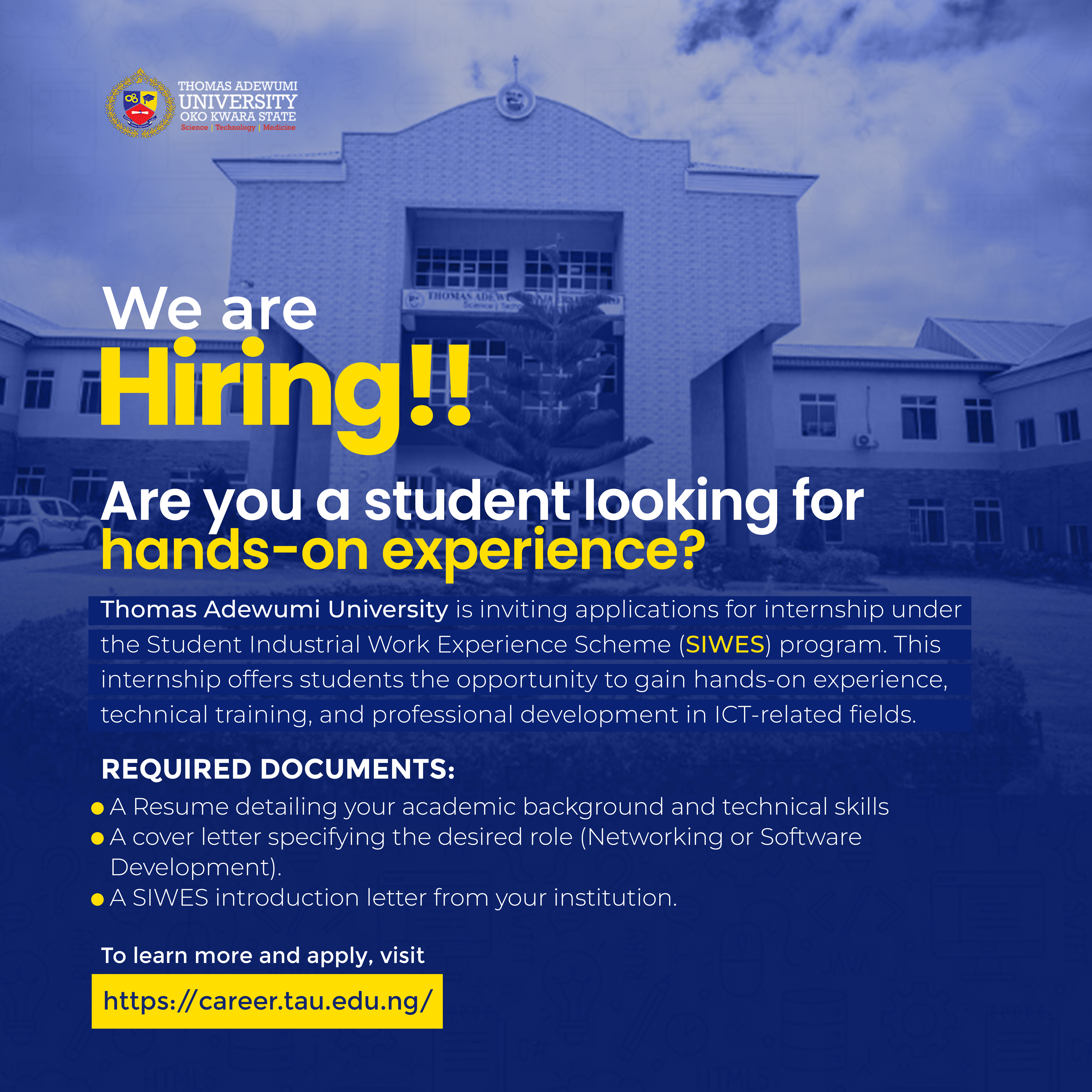 SIWES Internship Opportunity at Thomas Adewumi University