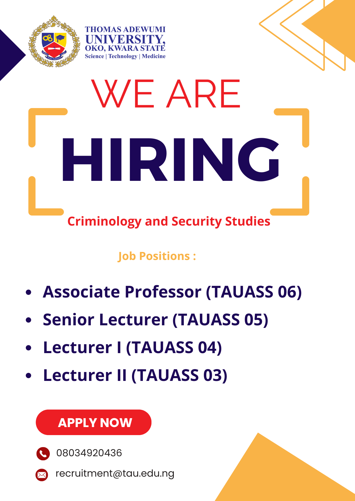 Several Open Positions in Criminology and Security Studies (Reader/Snr Lecturer/Lecturer I & II)